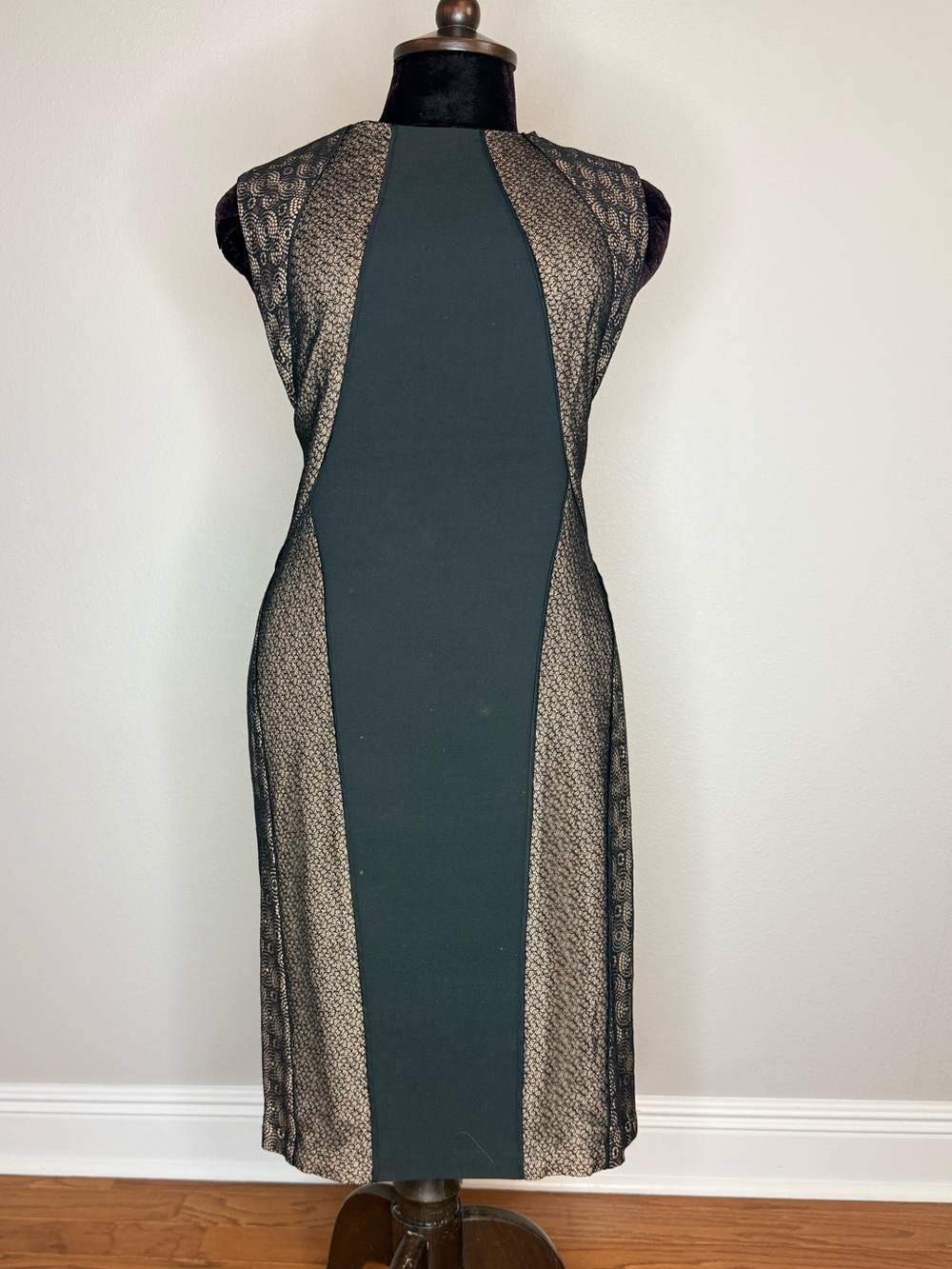 BCBGMaxAzria Black and Cream Lace-Panel Midi Dress